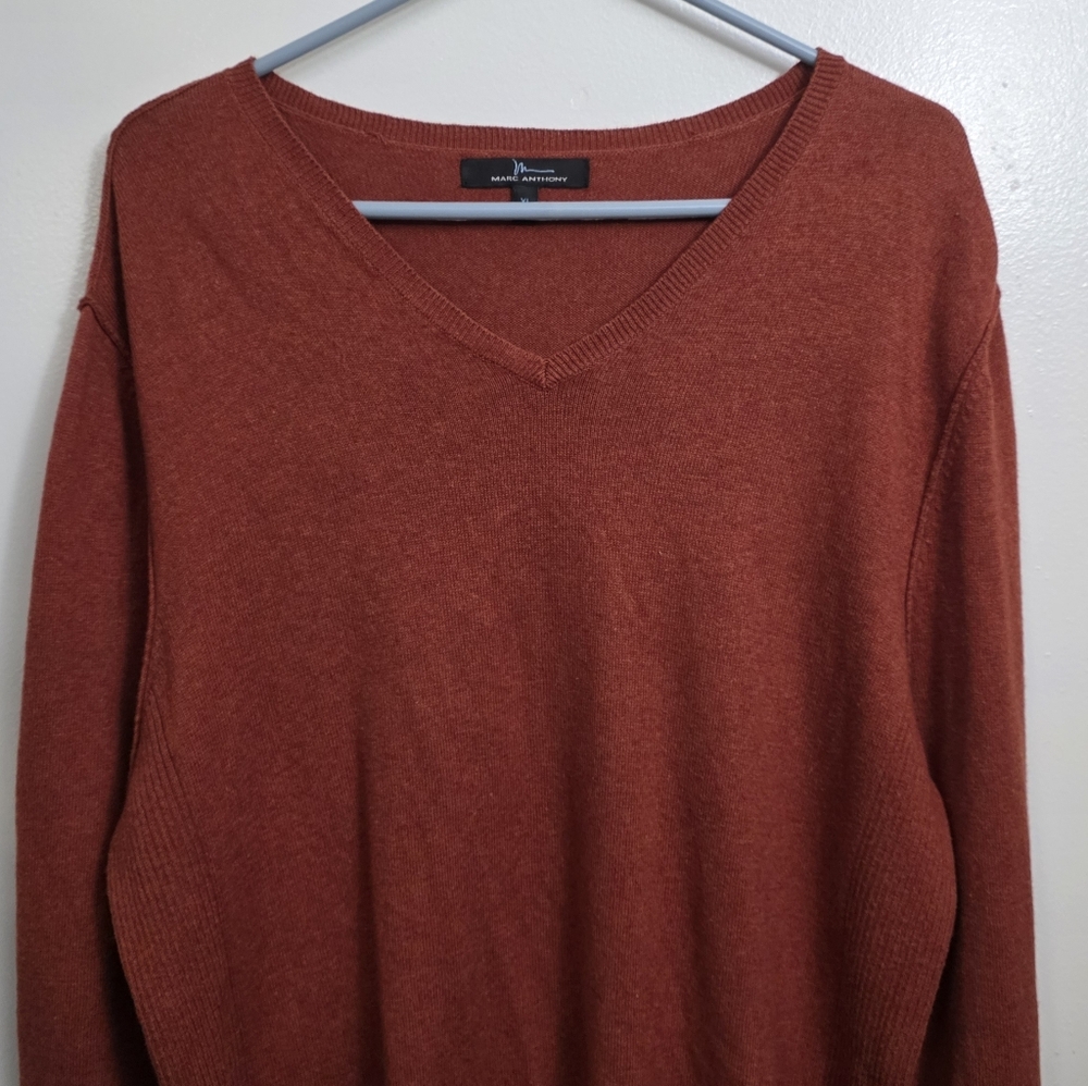 Marc Anthony Mens Rust Cotton Cashmere Blend Soft Knit V-Neck Pull Over Sweater - Picture 3 of 14